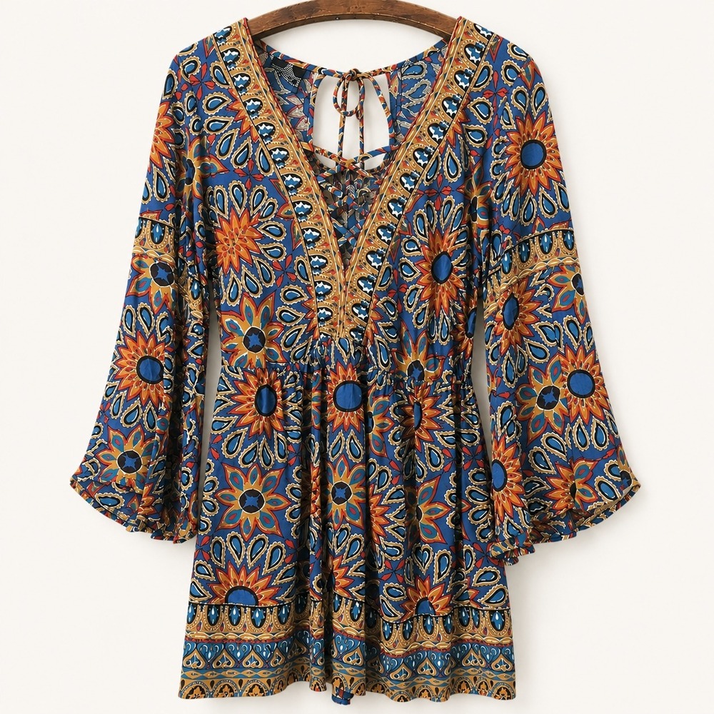 Angie Blouse Size M Tunic Floral Lattice Neck Tie Back Boho Festival Hippie
